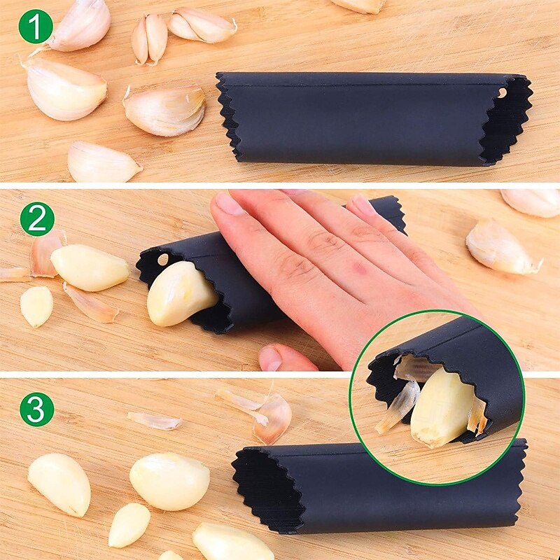 Garlic Press Set - Stainless Steel Rocker Garlic Press with Black Peeler and Cleaning Brush, Mincer Crusher and Chopper for Easy Garlic Preparation4