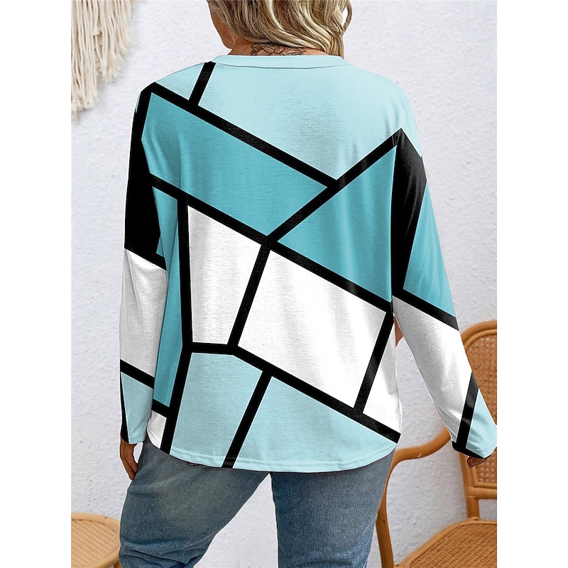Women's Plus Size Tops T shirt Tee Geometry Print Long Sleeve Crew Neck Casual Daily Fall Winter Pink Blue Prefall3