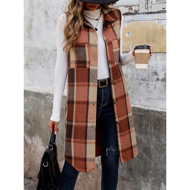 Women's Vest Outdoor Street Daily Wear Fall Winter Long Coat Regular Fit Thermal Warm Breathable Stylish Casual Jacket Sleeveless Stripes and Plaid with Pockets Coffee
