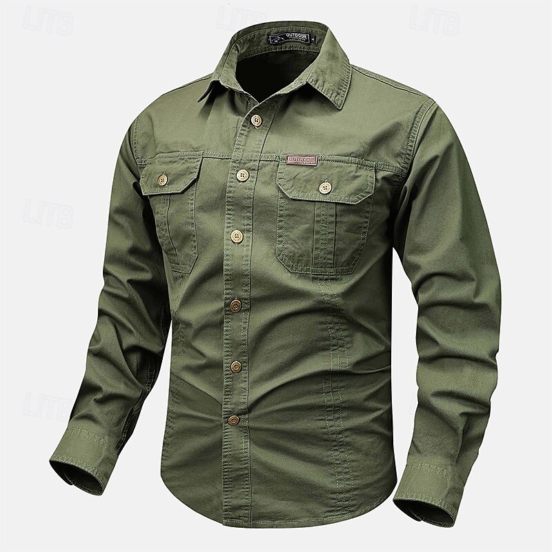 Men's Shirt Workwear Shirts Work Shirt Button Up Shirt Cargo Shirt Black White Red khaki Army Green Long Sleeve Plain Lapel Vacation Holiday Front Pocket Clothing Apparel 100% Cotton Fashion Casual3