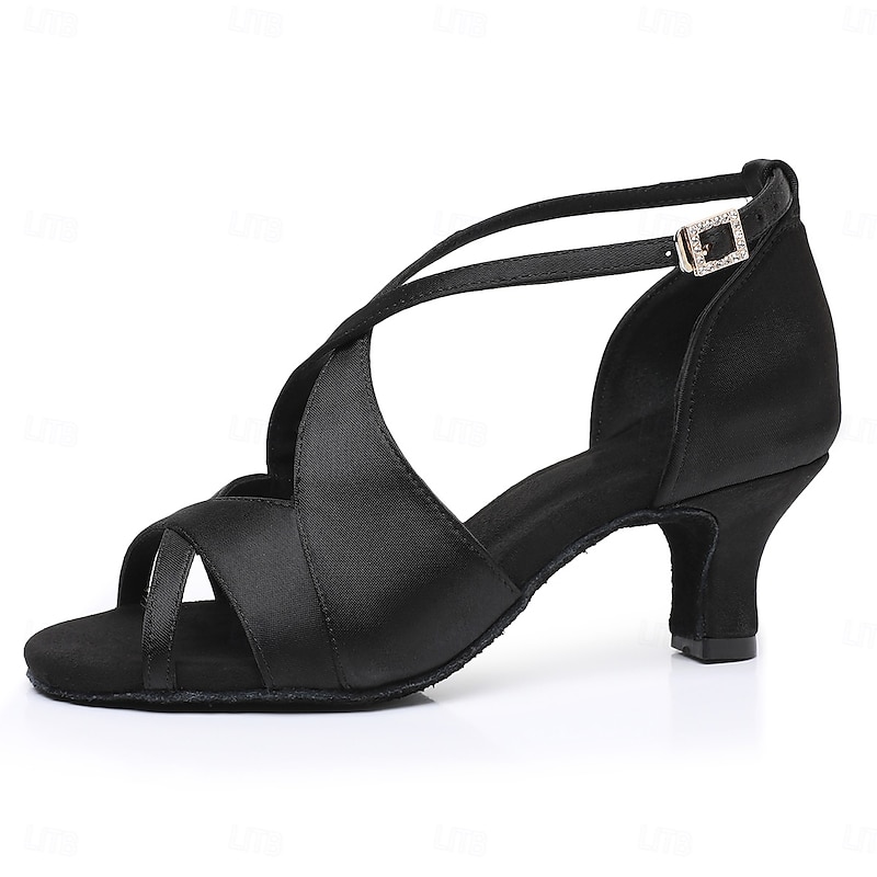 Women's Black Satin Cross-Strap Ballroom Dance Shoes with Open Toe, Perfect Heels for Latin and Salsa Dancing3