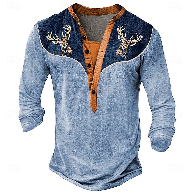 Men's Halloween Deer Henley Shirt Long Sleeve 3D Print Daily Ethnic Party Street Casual Winter Spring & Fall Blue Orange Gray Henley Henley T-Shirt3