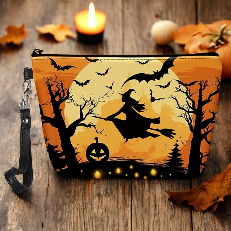 Halloween Themed Wristlet Bag with Witch and Pumpkin Design - Perfect for Trick-or-Treating and Holiday Parties