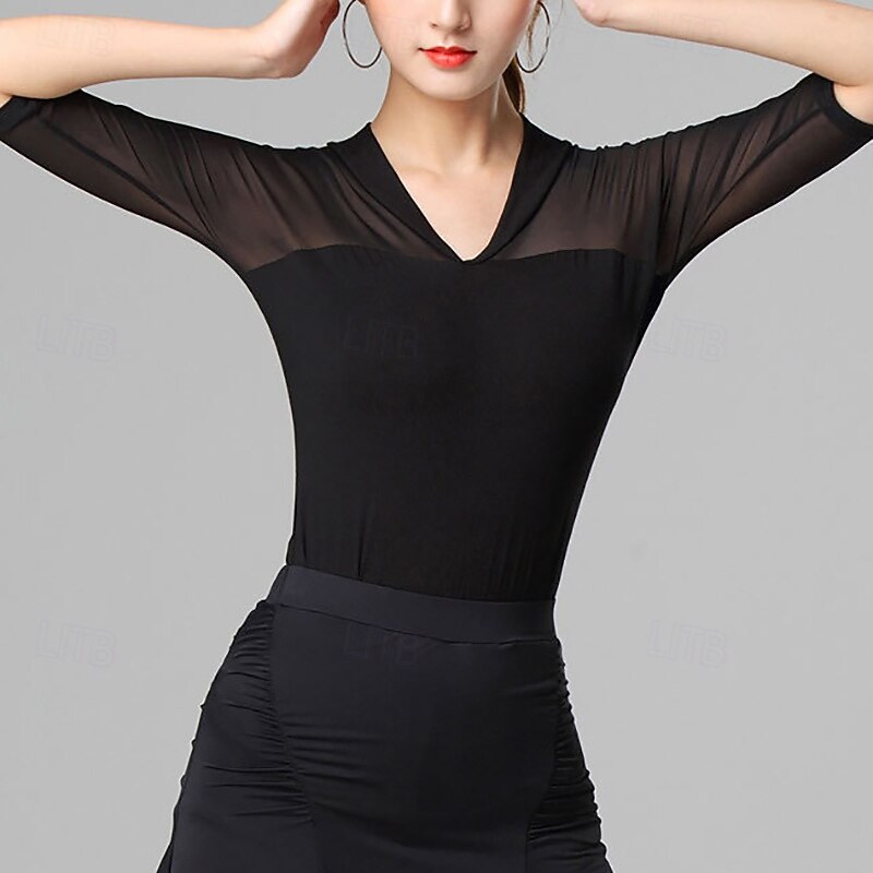 Latin Dance Top Pure Color Splicing Tulle Women's Performance Training Half Sleeve High Polyester2