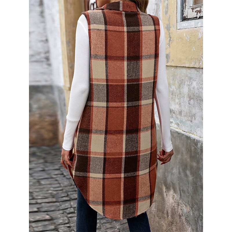 Women's Vest Outdoor Street Daily Wear Fall Winter Long Coat Regular Fit Thermal Warm Breathable Stylish Casual Jacket Sleeveless Stripes and Plaid with Pockets Coffee2