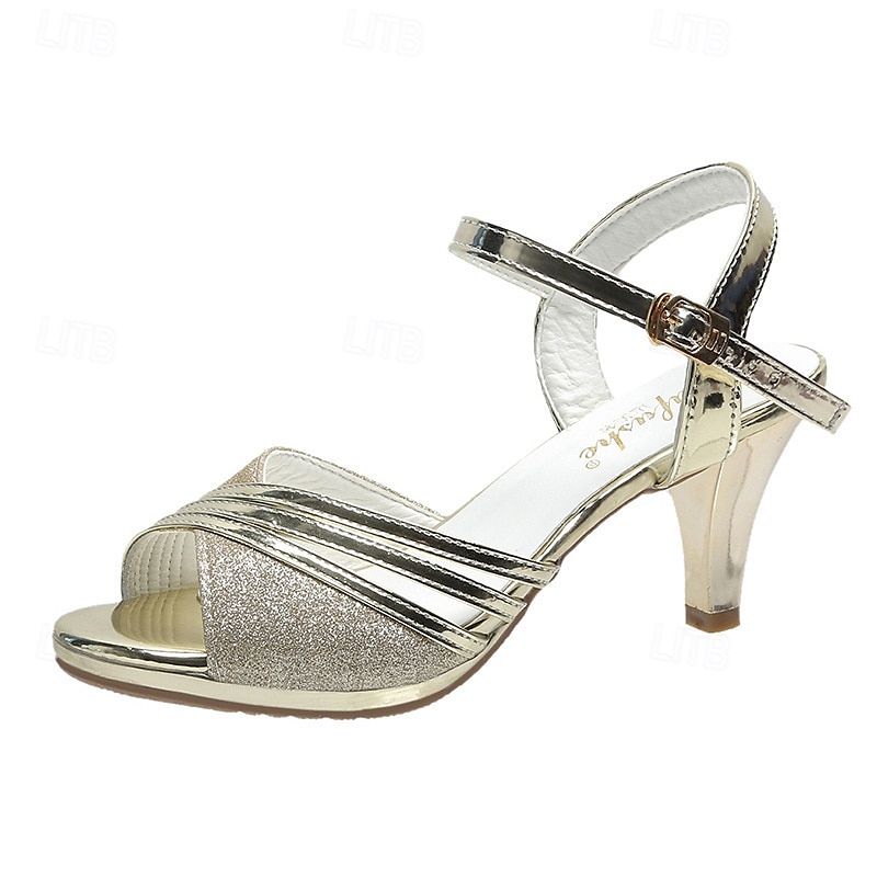 Women's Silver Mid Heel Sandals with Glitter Straps - Elegant Ankle Strap Shoes for Party & Evening Wear3