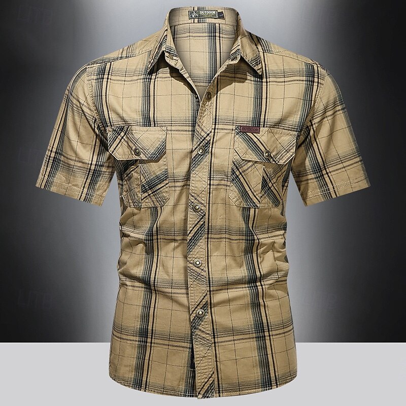 Men's Shirt Workwear Shirts Work Shirt Button Up Shirt Cargo Shirt khaki Army Green Dark Blue Short Sleeve Plaid Lapel Vacation Holiday Front Pocket Clothing Apparel Polyester Fashion Casual4