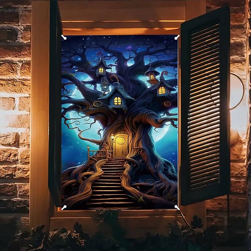 Halloween Window Cover Decorations, Fabric Purple Pumpkin Halloween Curtain Horror Movie Poster Window Door Covering Decor for Haunted House, Scary Halloween Window Clings Decals Indoor Outdoor4