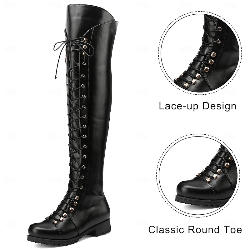 Women's Black Over-the-Knee Lace-Up Boots – Stylish High Faux Leather Boots with Rugged Sole for Outdoor and Fashion Occasions3
