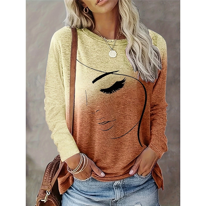 Women's T shirt Crew Neck Long Sleeve Tunic Casual Print Regular Tops Daily Khaki Gray Spring Fall4