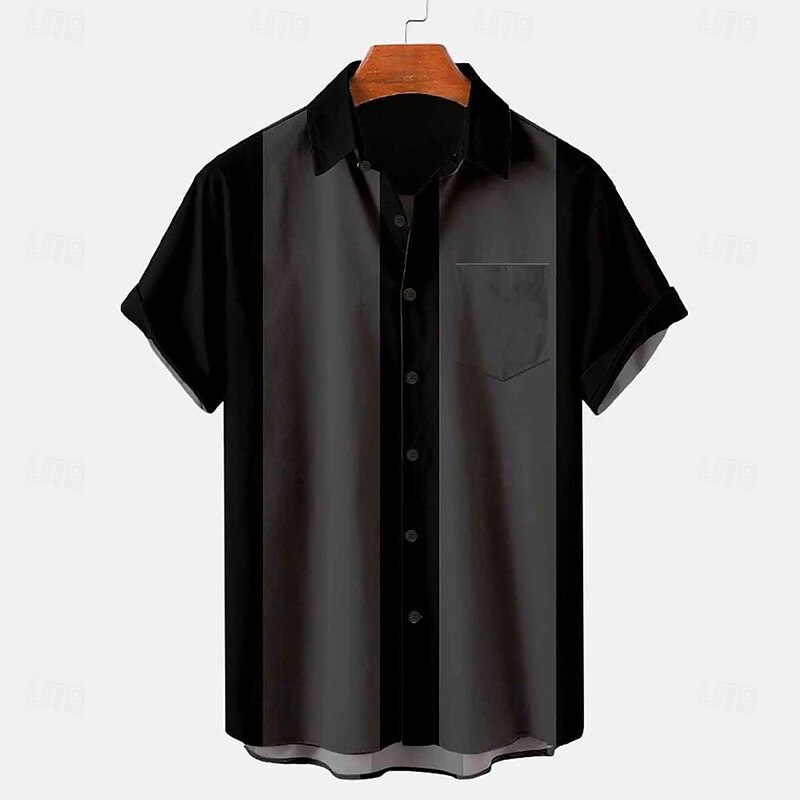Men's Striped Geometric Pattern Bowling Shirt Button Up Shirt Short Sleeve Hawaiian Casual Vacation Daily Summer Turndown Button Up 3D Print Black Blue4