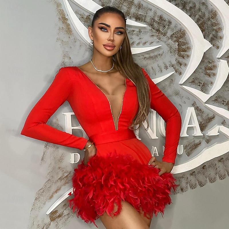 Sheath Homecoming Dresses Elegant Dress Holiday Homecoming Short / Mini Long Sleeve V Neck Polyester with Feather  dress to impress4