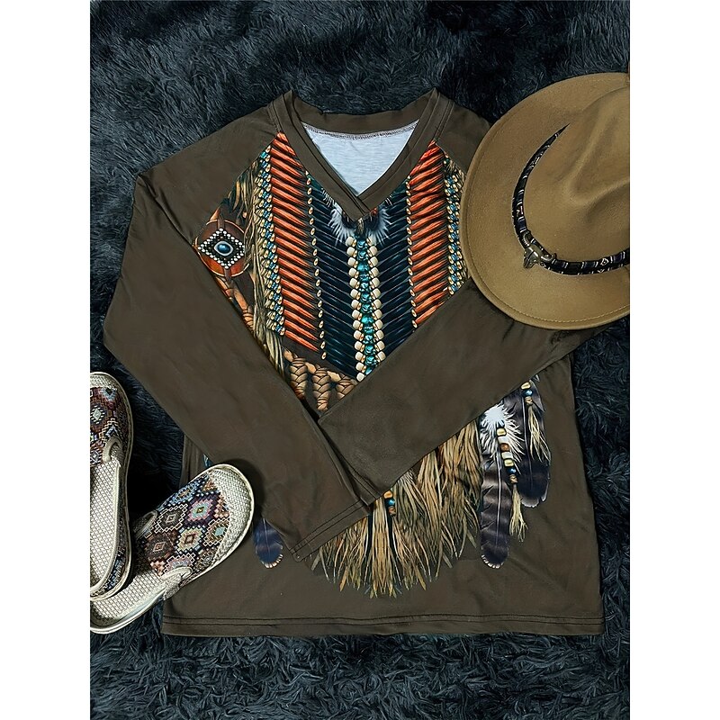 Women's T shirt Long Sleeve V Neck Long Sleeve Tunic Vintage Ethnic Print Regular Tops Vacation Army Green Spring Fall Prefall2