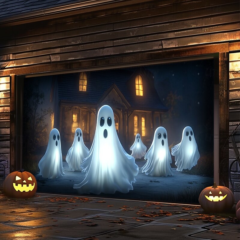 Halloween Door Decorations Outdoor Halloween Garage Door Cover Ghosts Banner Pumpkin Skeleton Outside Large Backdrop Decoration for Holiday Outdoor Garage Door Home Wall Decorations 16