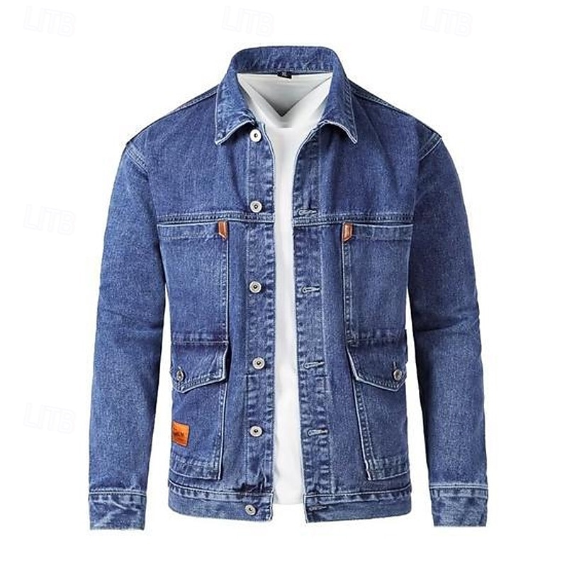 Men's Trucker Jacket Denim Jacket Outdoor Daily Wear Windproof Pocket Spring &  Fall Plain Fashion Streetwear Lapel Regular Denim Black Blue Gray Jacket2