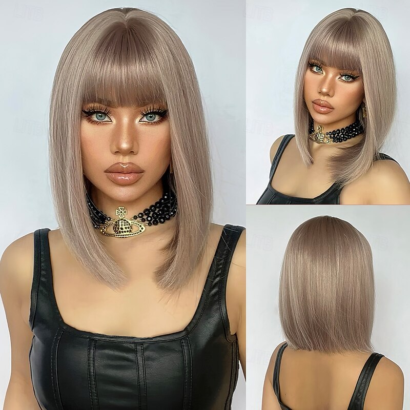 Cosplay Costume Wig kinky Straight Natural Straight Bob Neat Bang With Bangs Wig 10 inch Light golden Synthetic Hair Women's Elastic Adorable Comfortable Blonde