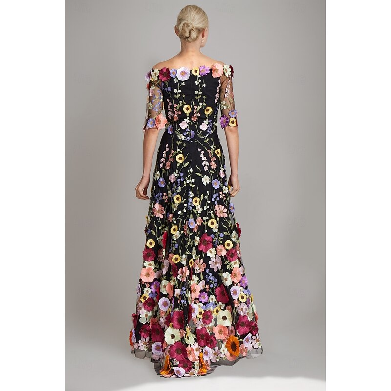 A-Line Wedding Guest Dresses Beach Wedding Floral Dress Semi Formal Garden Party Floor Length Half Sleeve Off Shoulder Fall Wedding Guest Tulle with Embroidery2