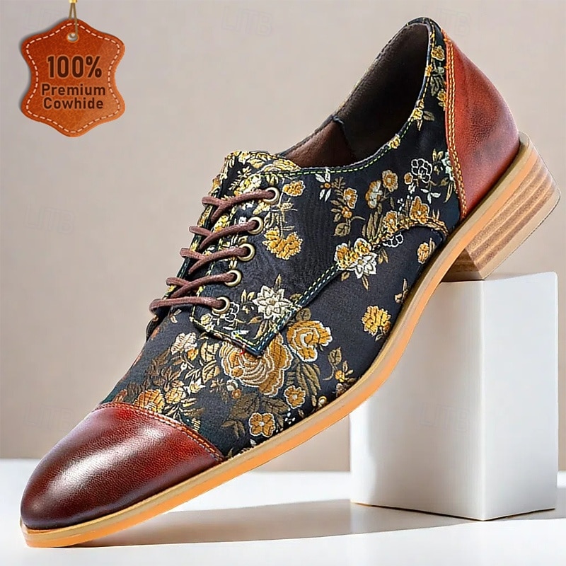 Men's Black and Gold Floral Leather Oxford Shoes - Elegant and Stylish Footwear for Formal Events and Everyday Wear