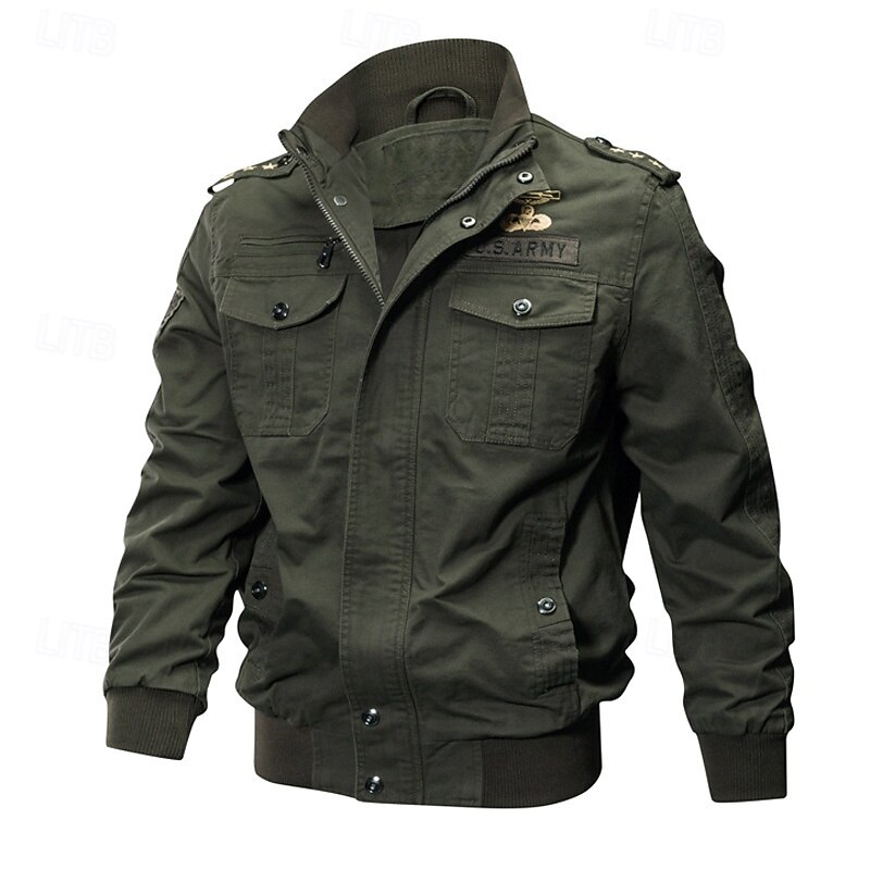 Men's Bomber Jacket Casual Jacket Daily Vacation Breathable Pocket Spring &  Fall Plain Fashion Classic Lapel Regular Black Khaki Army Green Jacket2