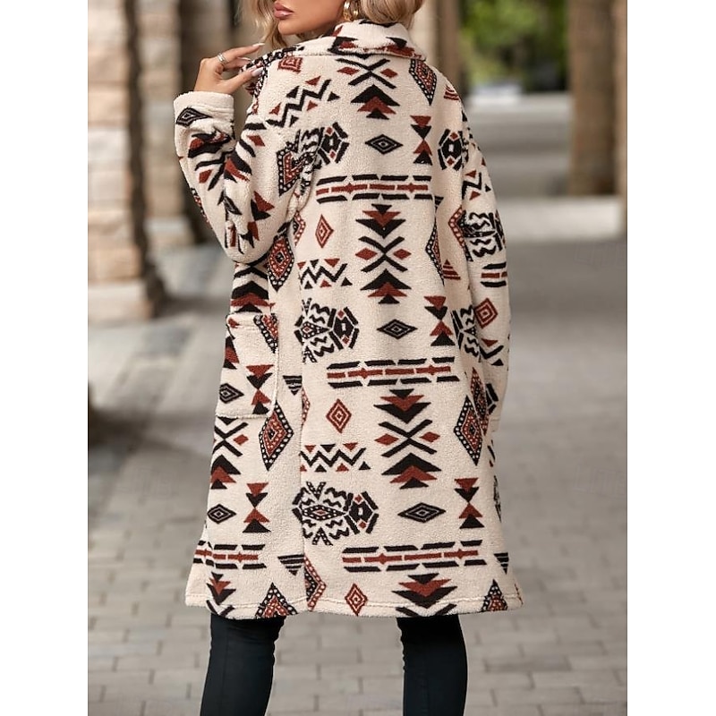 Women's Sherpa Jacket Street Daily Wear Fall Winter Regular Coat Regular Fit Warm Breathable Comtemporary Stylish Plush Jacket Long Sleeve Geometric with Pockets Apricot4