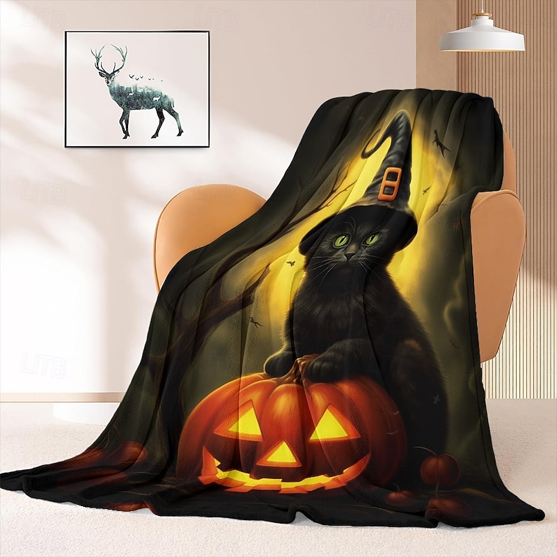 Halloween Decoration Cat Throw Blanket - Soft and Cozy Fleece with Spooky Cat Design - Perfect for Halloween Decor or Snuggling Up - Durable and High-Quality Fabric4