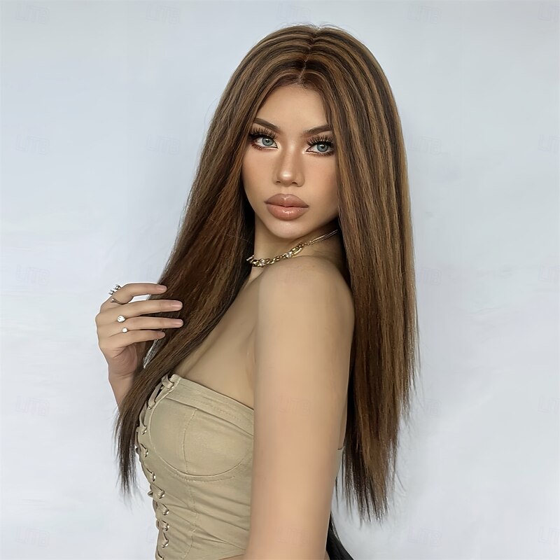 Synthetic Lace Wig Straight Style 24 inch Brown with Golden Highlights Middle Part 13x5x1 Lace Front Wig Women's Wig Golden Brown With Blonde3