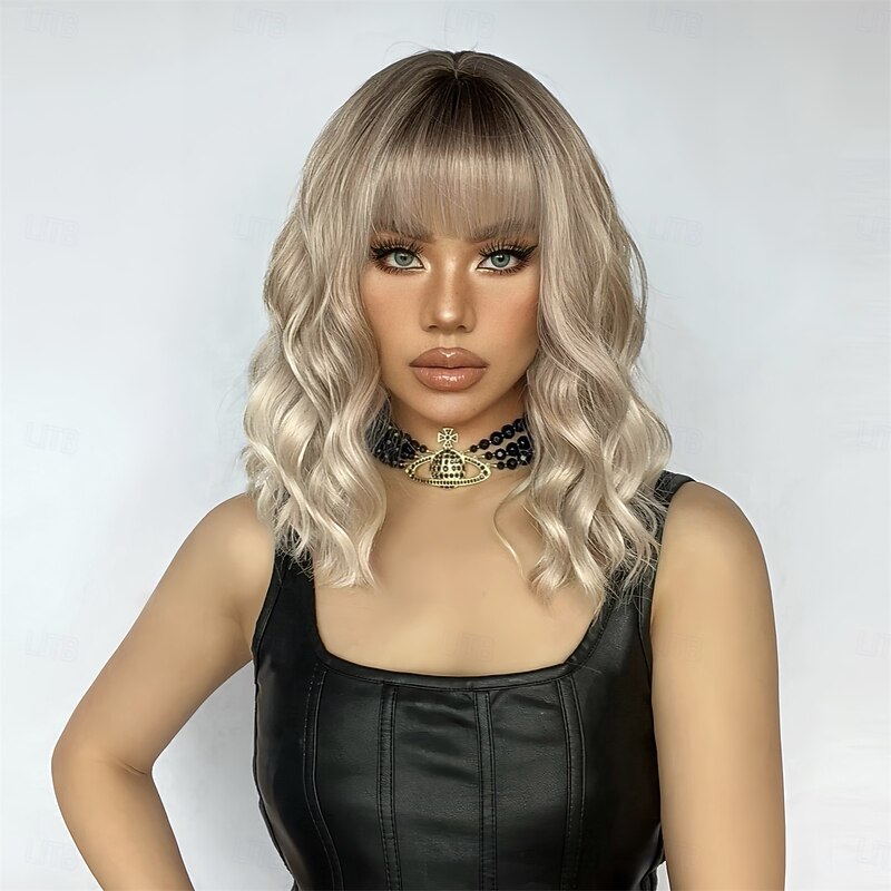 Cosplay Costume Wig Curly Bouncy Curl Bob Neat Bang With Bangs Wig 14 inch Light golden Synthetic Hair Women's Elastic Adorable Comfortable Blonde4