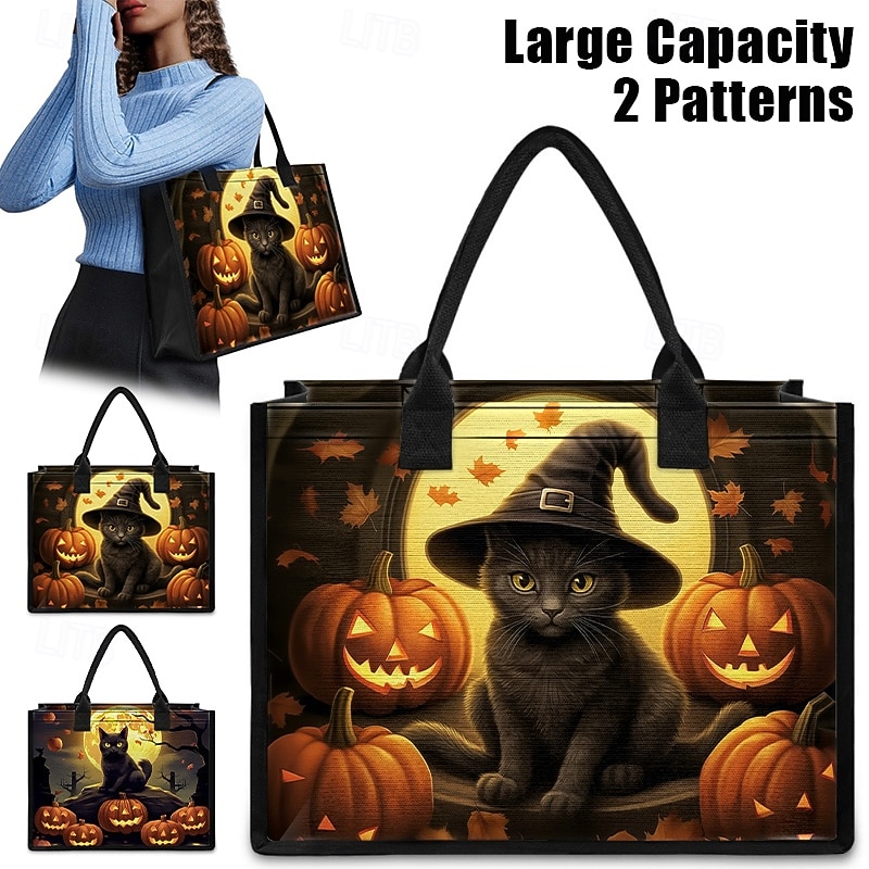 Halloween-Themed Tote Bag with Black Cat and Pumpkin Design - Large Capacity Reusable Shopping Bag for Women