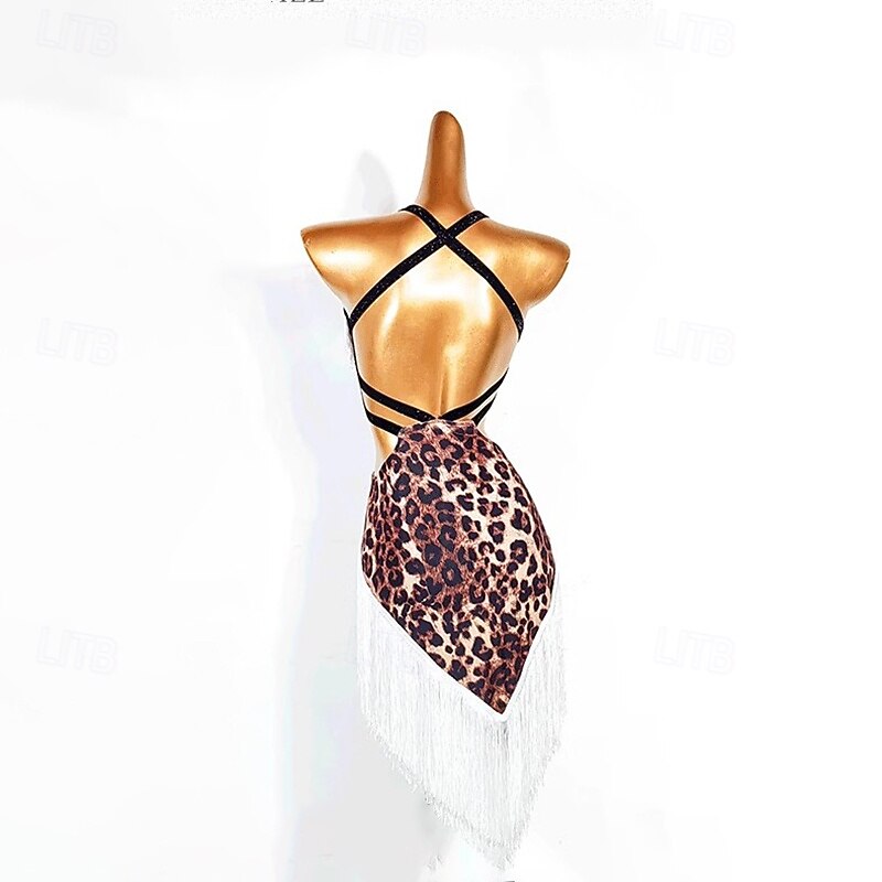 Latin Dance Dress Printing Tassel Splicing Women's Performance Training Sleeveless Crystal Cotton4