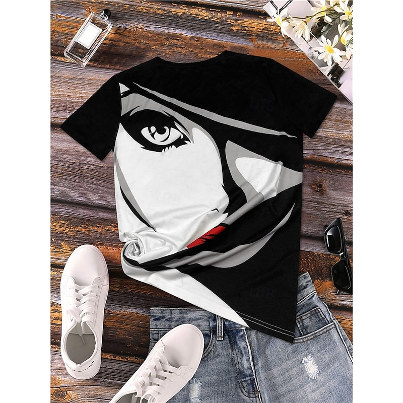 Women's T shirt Crew Neck Long Sleeve Tunic Casual Print Short Sleeve Regular Tops Daily Black Summer2