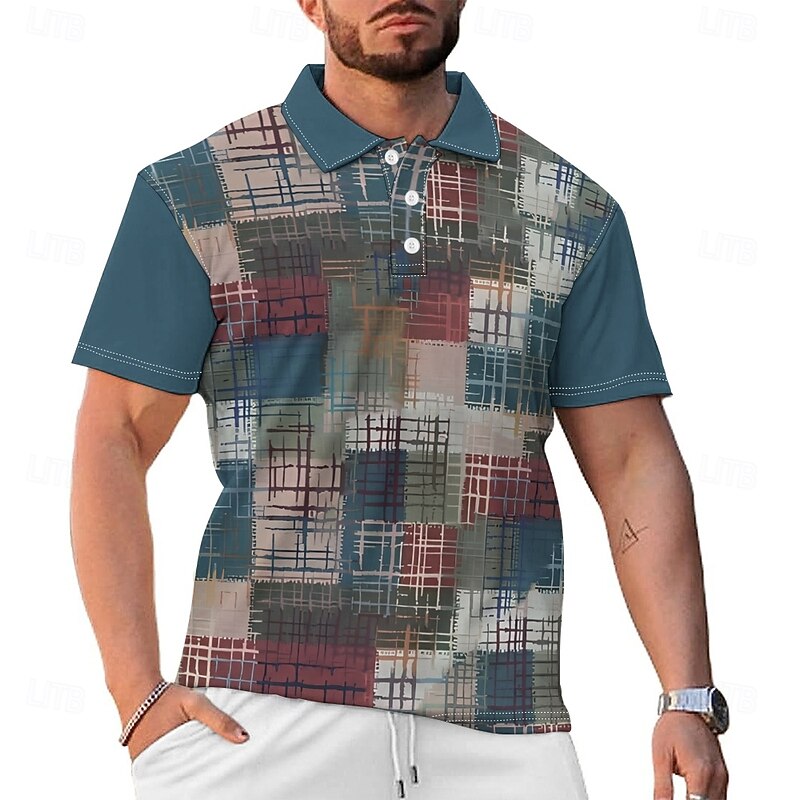 Men's Geometric Polo Shirts Short Sleeve Polo Shirts Collar Vintage Casual Holiday Daily Wear Buttons 3D Print Spring & Summer Brown2