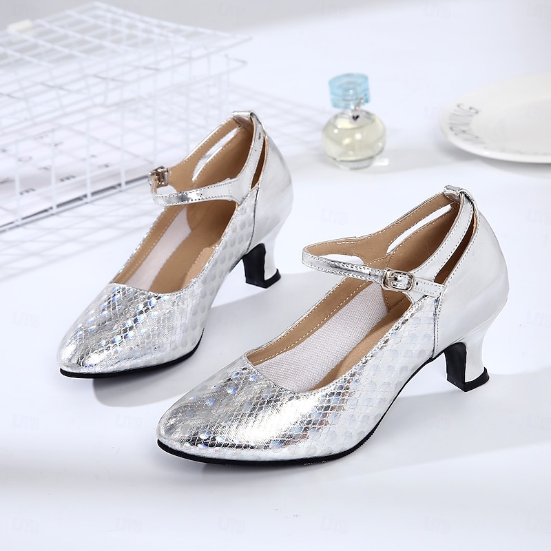 Women's Silver Glitter Ballroom Dance Shoes with Mary Jane Strap, Closed-Toe Heels for Latin and Salsa Dancing