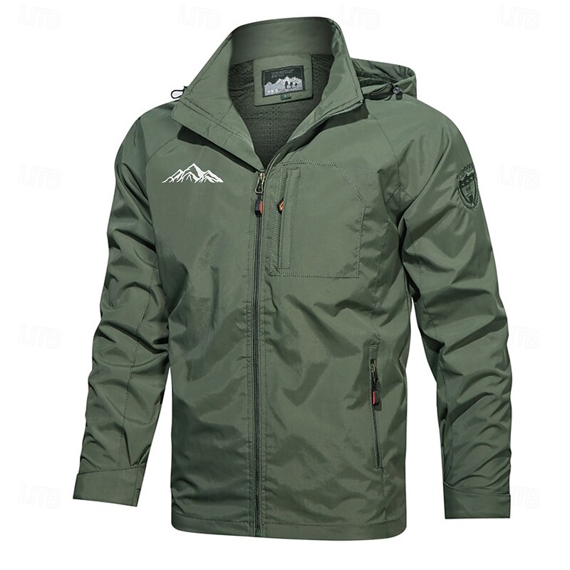Men's Graphic Prints Mountain Jacket Raincoat Shell Jacket Waterproof Lightweight Casual Sports Outdoor Camping & Hiking Embroidered Side Pockets Zip Front Fall Winter Hooded Long Sleeve Black Green2