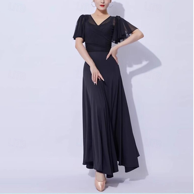 Ballroom Dance Dress Pure Color Splicing Women's Performance Party Short Sleeve Mesh Milk Fiber4