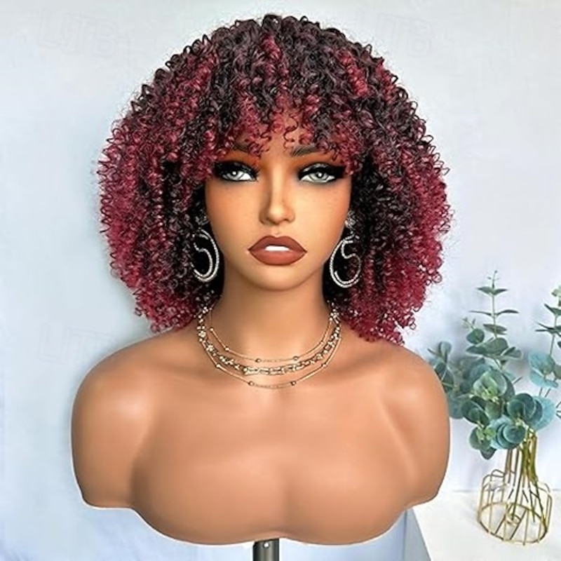 Afro Kinky Curly Wigs for Black Women Short Natural Black Curly Afro Wig with Bangs Synthetic Glueless Full Wig Heat Friendly Afro Bomb Curly Womens Wig3