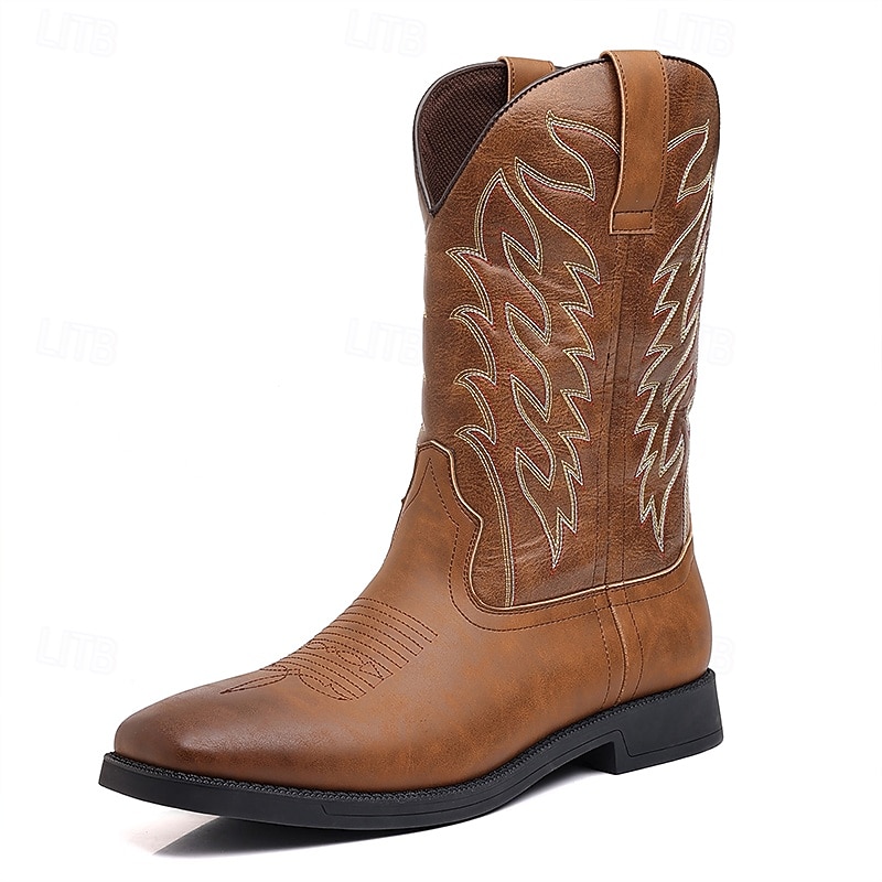 Men's Brown Western Cowboy Boots - Faux Leather with Embroidered Details for Classic Outdoor Style3