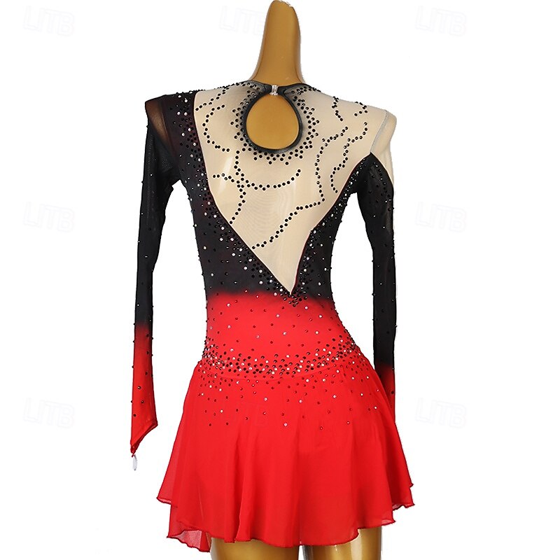 Figure Skating Dress Women's Girls' Ice Skating Dress Lake Blue Red Black Blue Patchwork Open Back Mesh Spandex High Elasticity Training Practice Professional Skating Wear Classic Crystal / Rhinestone4