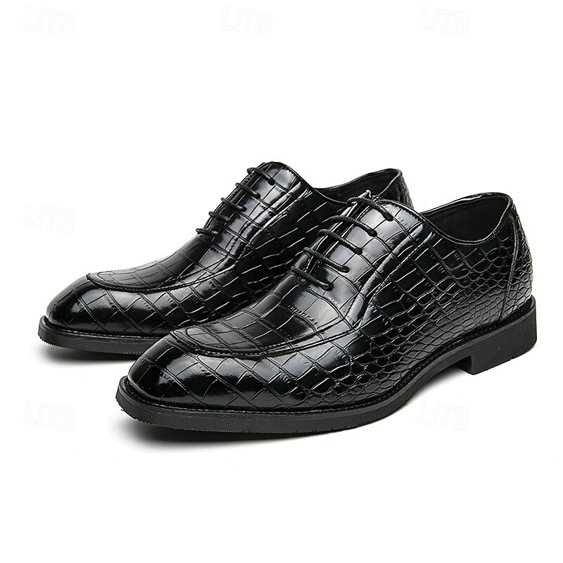 Men's Black Crocodile-Embossed Faux Leather Oxford Dress Shoes - Elegant Lace-Up Formal Footwear for Business and Special Occasions2