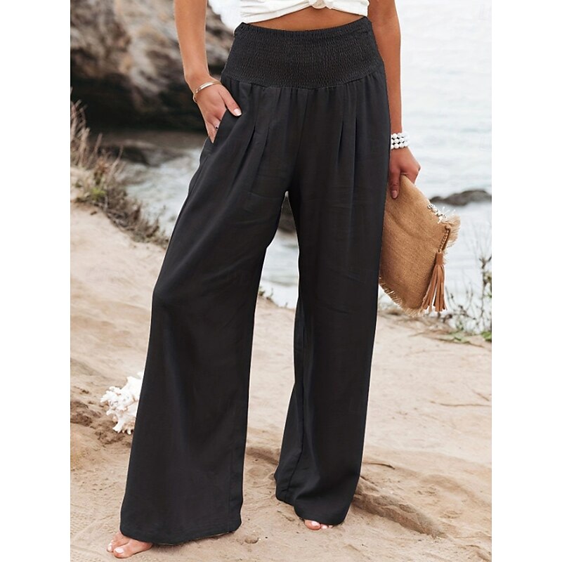 Women's Cotton Linen Shorts Linen-Inspired Pants Cotton Linen Pants Comfort Full Length Solid Color Plain Pocket Elastic Waist Causal rice white Black Summer Spring Fall4