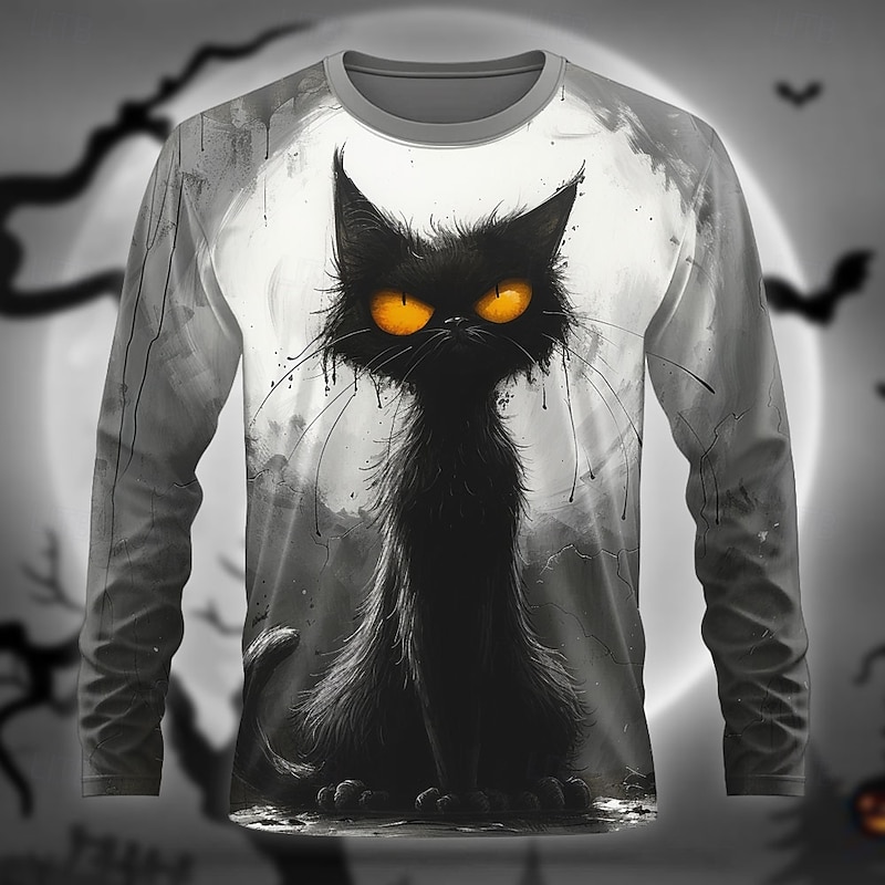 Halloween Men's Cat Funny T Shirt Long Sleeve T shirt 3D Print Crew Neck Shirt Designer Retro Vintage Street Casual Daily Gray Summer Spring Fall Clothing Apparel S M L XL XXL XXXL
