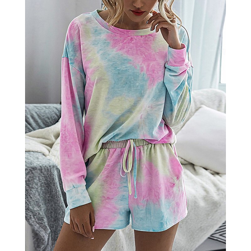 Women's Loungewear Pajama Set 2 Pieces Tie Dye Casual Comfort Home Comfort Crew Neck Long Sleeve Pullover Shorts Spring Fall Home Outfits4