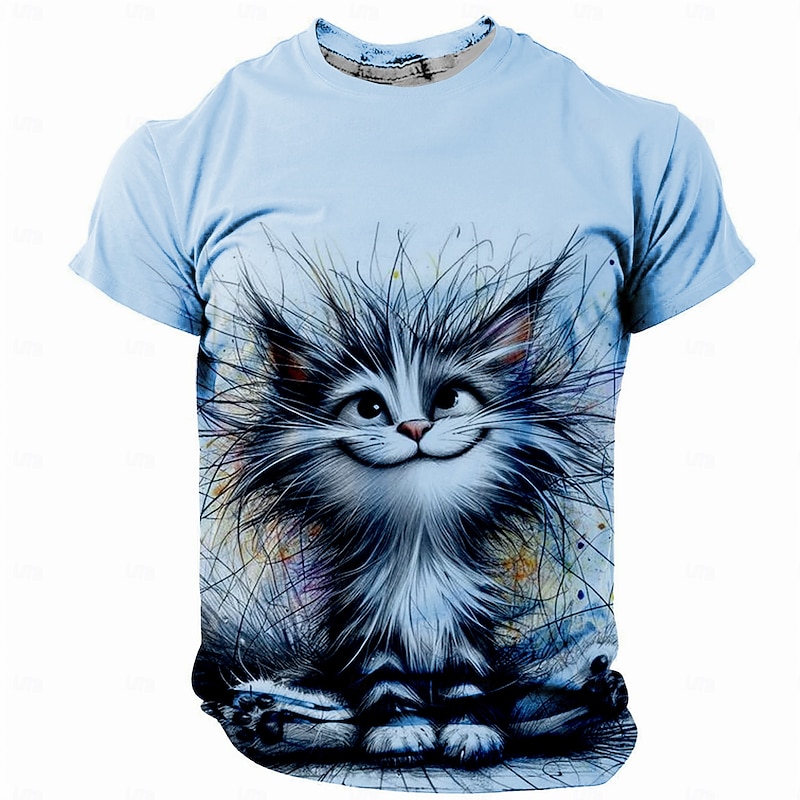 Men's Cat Funny T Shirt Short Sleeve T shirt 3D Print Crew Neck Shirt Retro Vintage Casual Street Casual Bar Light Blue White Khaki Spring & Summer Clothing Apparel S M L XL XXL XXXL4