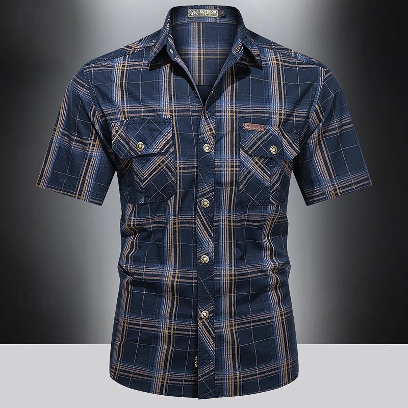 Men's Shirt Workwear Shirts Work Shirt Button Up Shirt Cargo Shirt khaki Army Green Dark Blue Short Sleeve Plaid Lapel Vacation Holiday Front Pocket Clothing Apparel Polyester Fashion Casual2