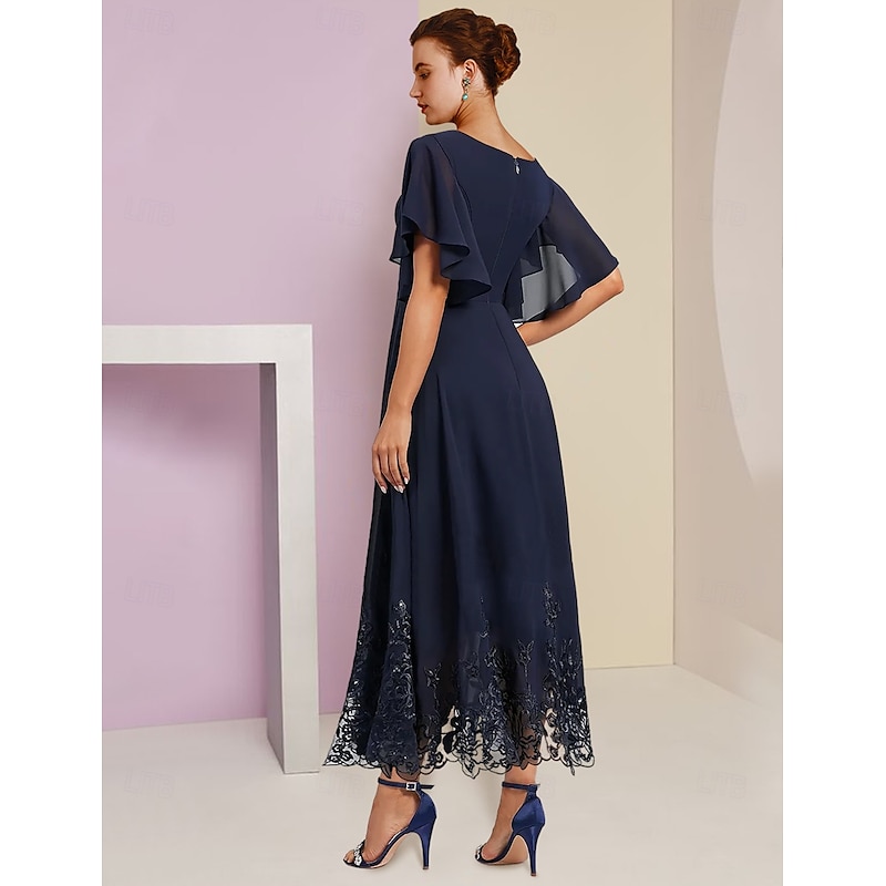 A-Line Mother of the Bride Dress Formal Wedding Guest Elegant V Neck Tea Length Chiffon Lace Short Sleeve with Appliques Crystal Brooch2