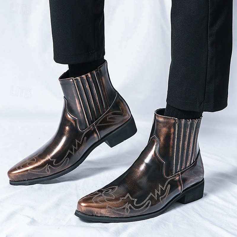 Men's Vintage Bronze Faux Leather Ankle Boots with Western Stitching, Stylish and Durable for Casual and Dressy Occasions3