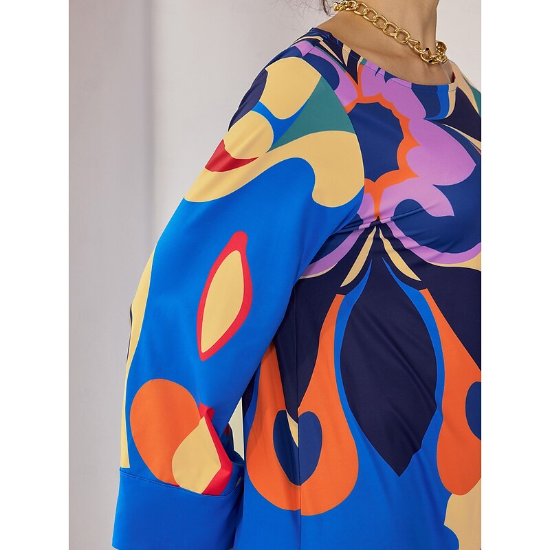 Loose Floral Printing Fall Crew Neck Elegant Casual Midi Dress3