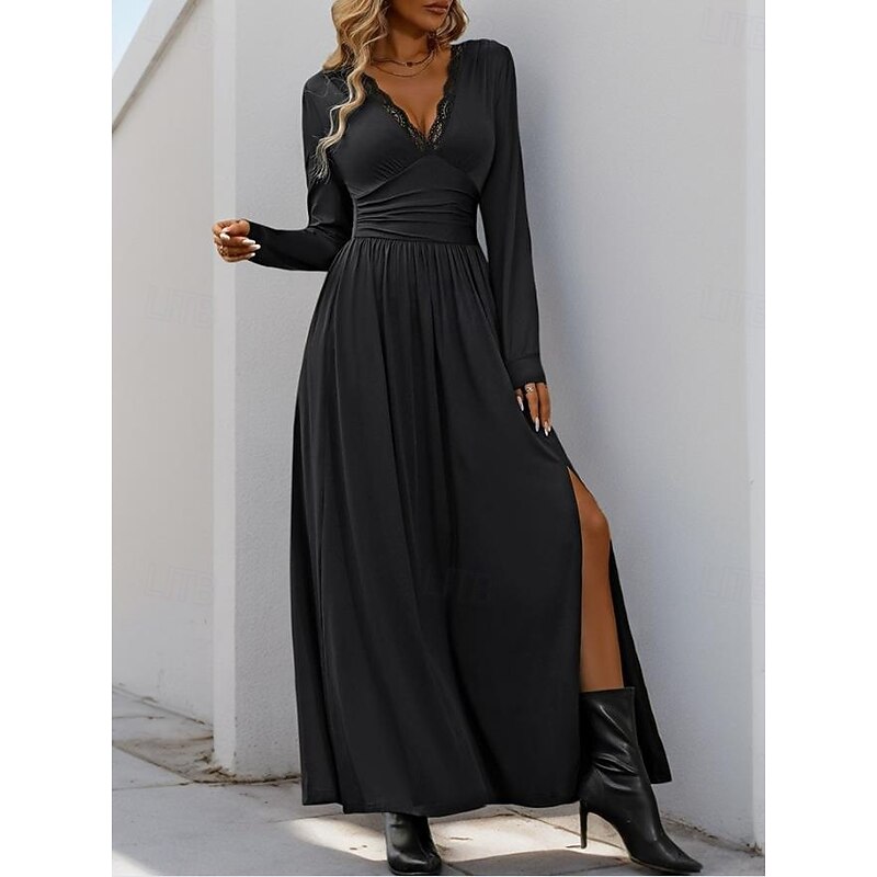 Women's Maxi Dress Black Dress Cocktail Dress Formal Dress Plain Dress Casual Street Date Loose Fit Plain Long Sleeve V Neck Black Red Blue Green Spring Fall3