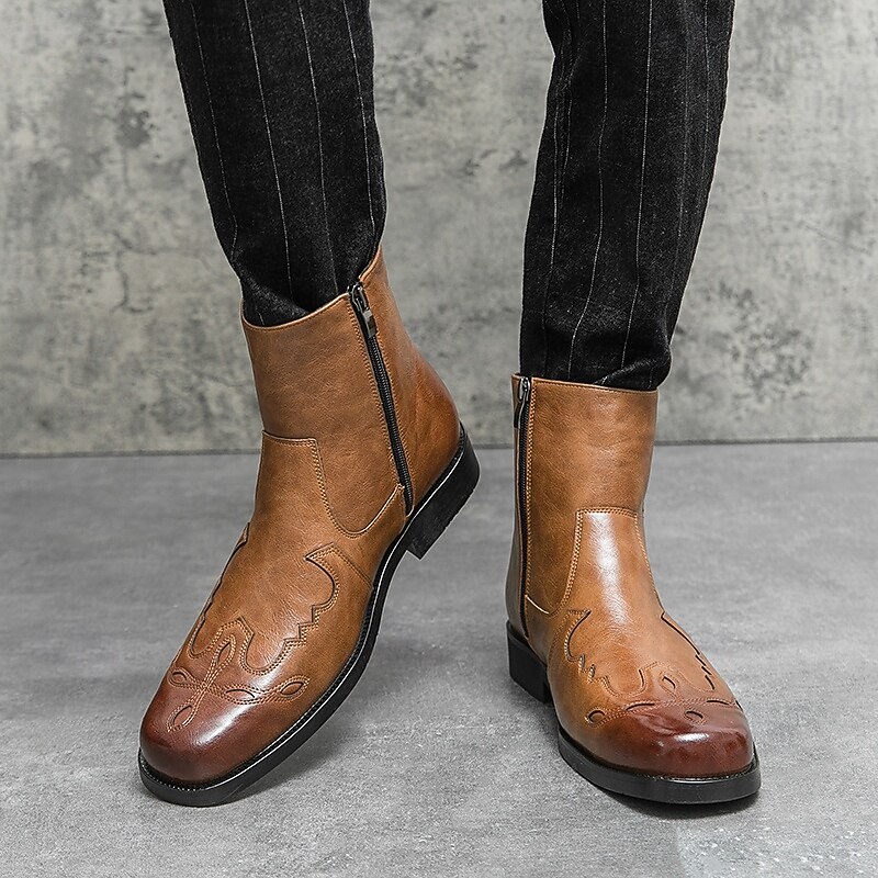 Men's Brown Faux Leather Western Boots with Unique Toe Embroidery, Classic Style for Ranch and Casual Wear2