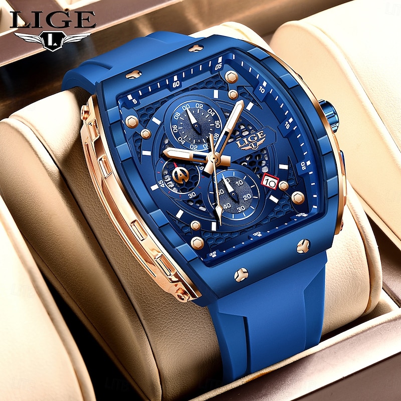 LIGE Men Quartz Watch Sports Business Calendar Waterproof Plastic Silicone Strap Watch