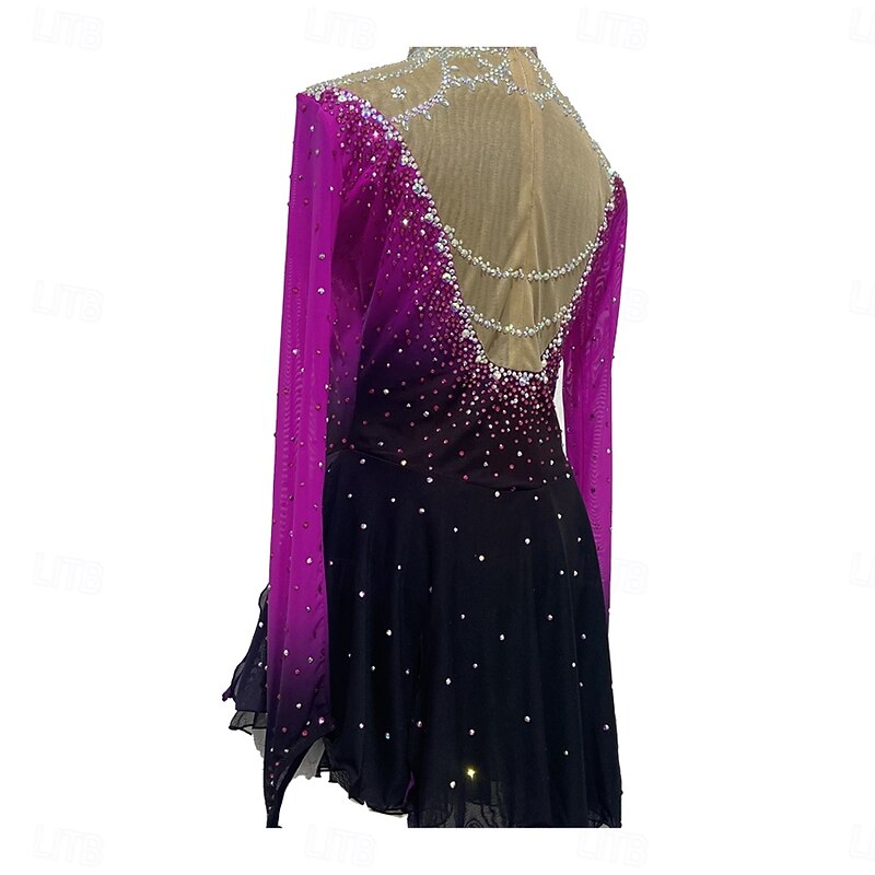 Figure Skating Dress Women's Girls' Ice Skating Dress Rose Red Patchwork Thumbhole Mesh Spandex Stretchy Training Practice Professional Skating Wear Thermal Warm Crystal / Rhinestone Long Sleeve Ice4